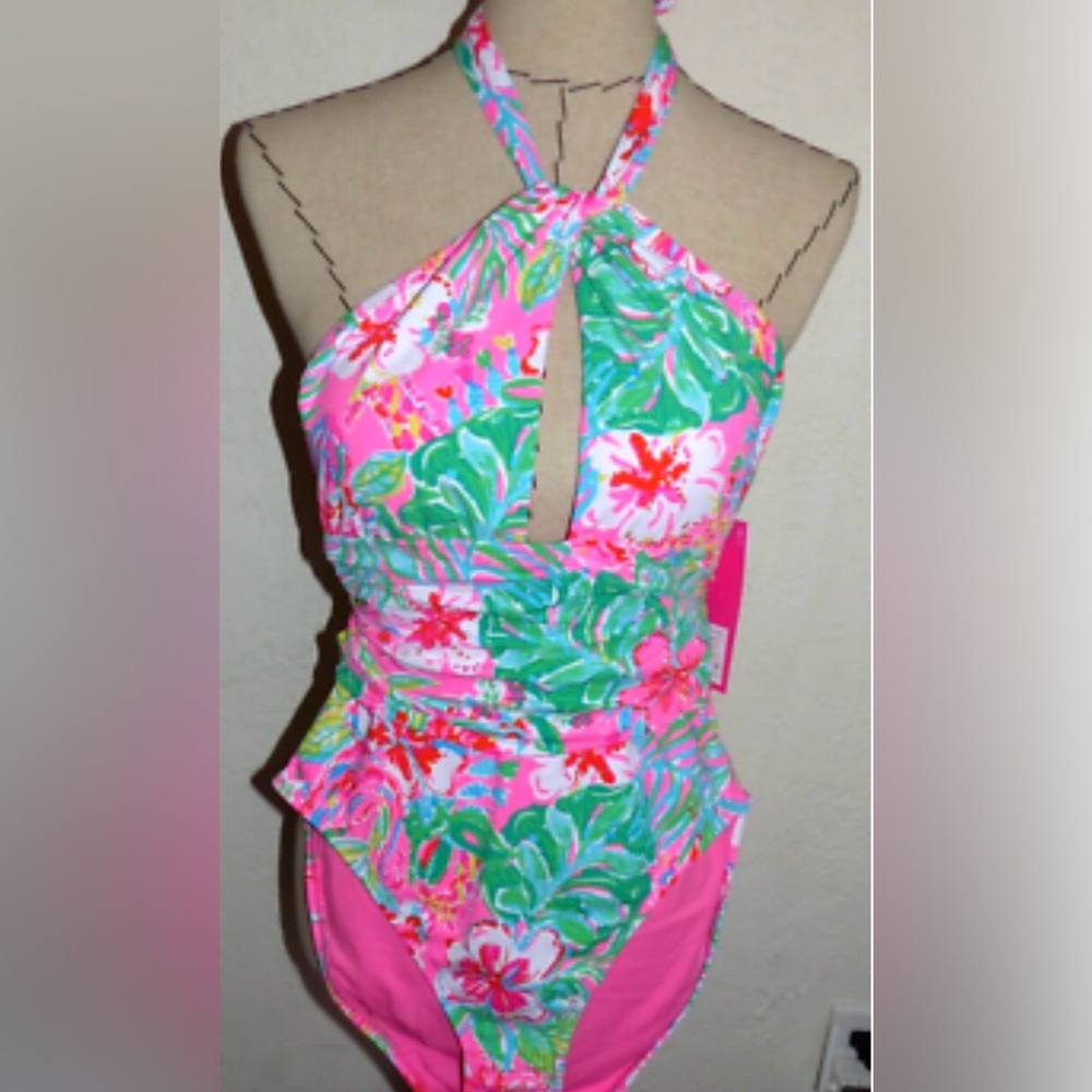 Lilly Pulitzer Pink Tropical Halter Keyhole One-Piece Swimsuit